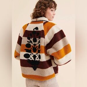 Free People Striped Sherpa Jacket in Mustard, Brown, Cream